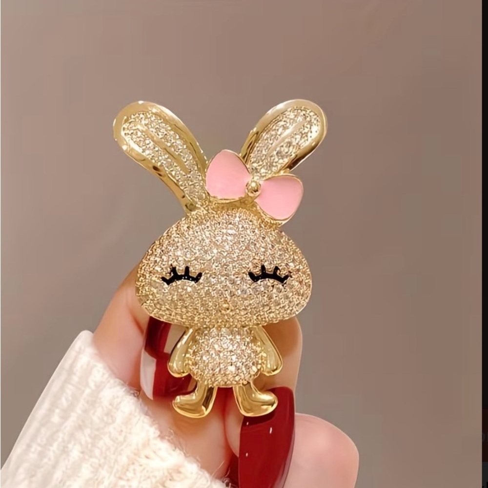 Gold and Silver Bunny Brooch with Pink Bow - Picture 3 of 6